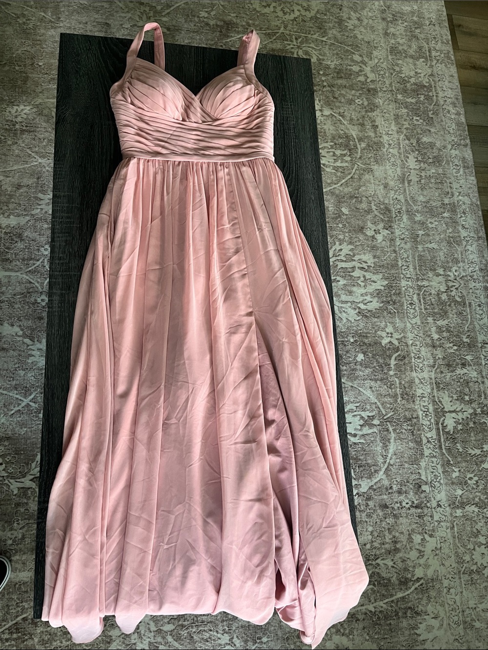 Azazie Blush Pink Ruched A-Line Spaghetti Strap Gown